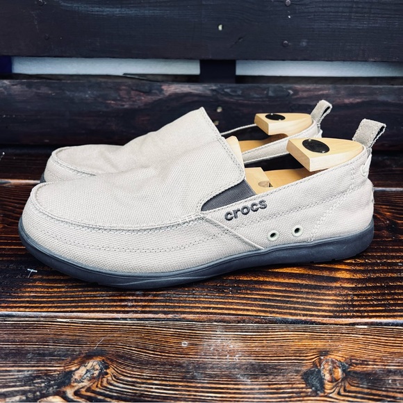 CROCS Walu Slip-On Loafers Khaki/Brown Canvas Slip On Boat Shoes - Picture 1 of 11